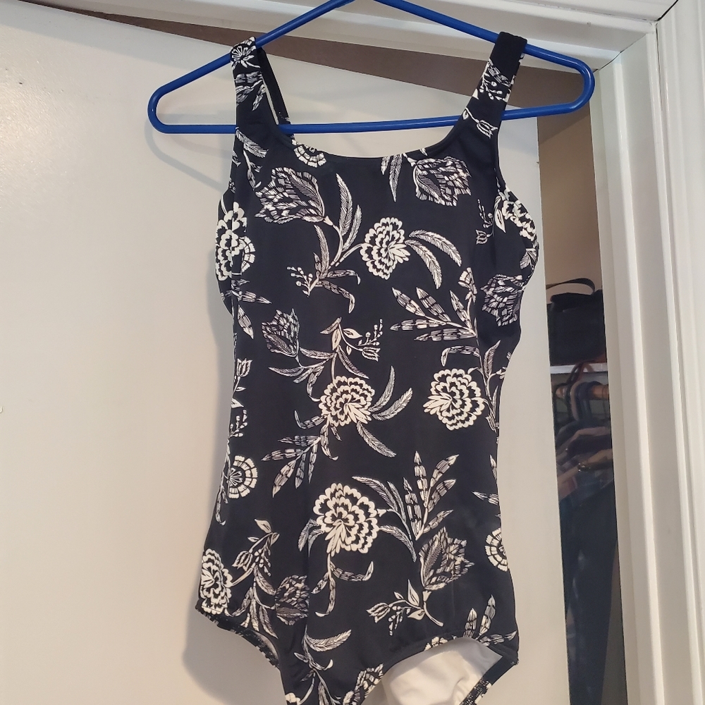 Lands' End Black Floral One Piece Swimsuit